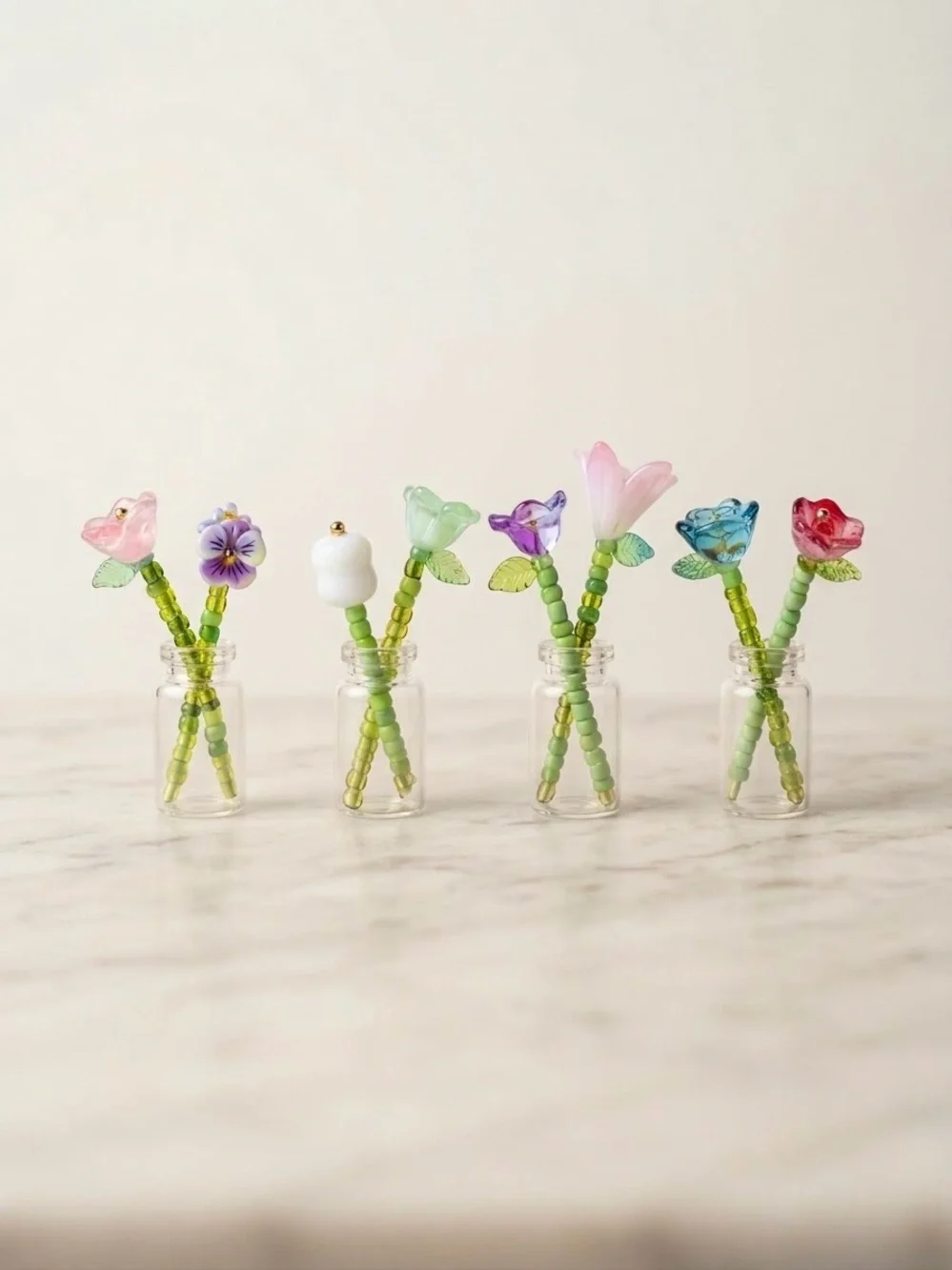 Miniature Handmade Beaded Flower Bouquets with Glass Vases- Set of 4